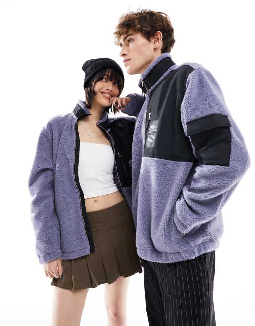 Dr Denim - Unisex - Ethan - Lyslilla fleece-jakke med lynlås i imiteret lammeskind