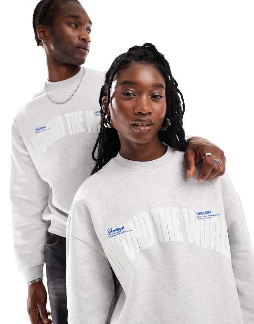 Dr Denim Unisex – Kenan – Gruba jasnoszara melanżowa bluza o luźnym kroju z haftem z napisem „Around The World“