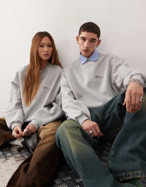 Dr Denim unisex Kenan heavyweight relaxed fit crew neck sweatshirt in grey melange with dark red small logo - view 1
