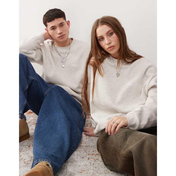 Dr Denim unisex Kenan heavyweight relaxed fit crew neck sweatshirt in oatmeal with white small logo ASOS
