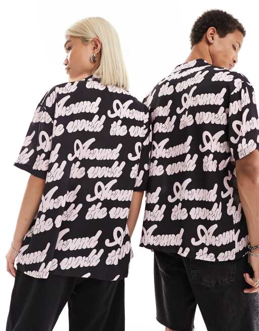 Dr Denim unisex Madi all over print relaxed fit resort collar shirt in black, 2 of 4