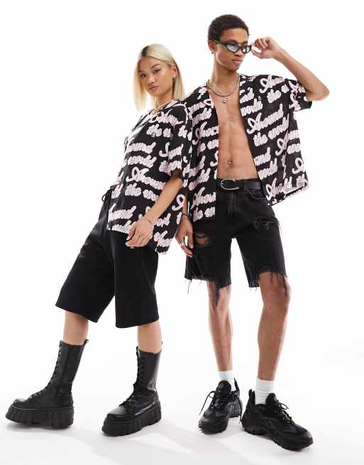 Dr Denim unisex Madi all over print relaxed fit resort collar shirt in black, 3 of 4
