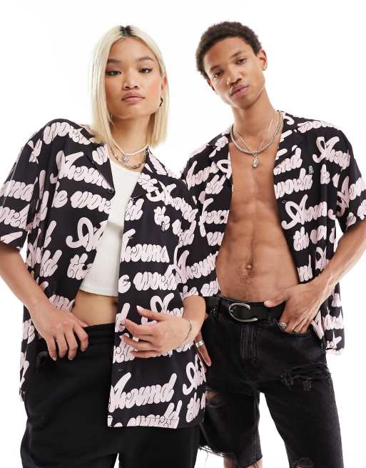 Dr Denim Unisex – Madi – Czarna luźna koszula z kołnierzem we wzór na całej powierzchni