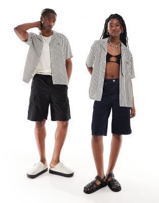 Dr Denim Dr Denim unisex Madi relaxed fit short sleeve shirt in bean small black white and green stripe-Multi