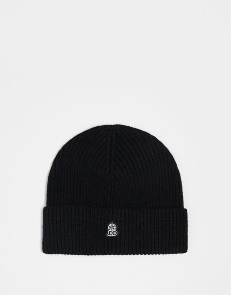 Dr Denim unisex ribbed wool blend beanie with DD global embroidery in black - view 1