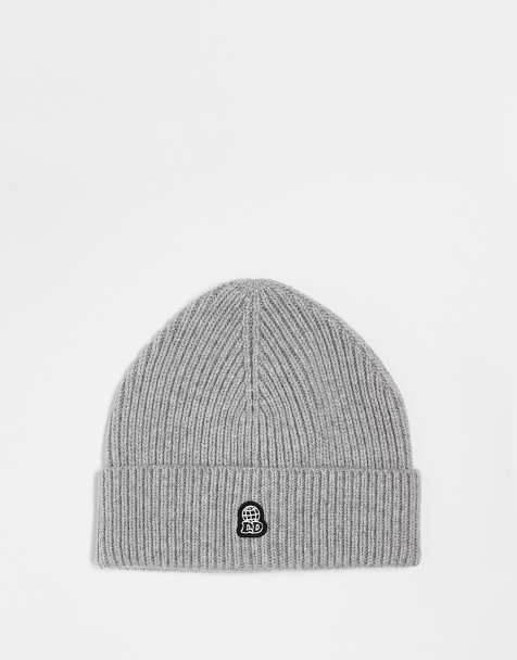 Dr Denim unisex ribbed wool blend beanie with DD global embroidery in grey melange - view 1