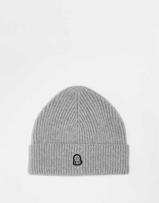 Dr Denim Unisex – Szare melanżowe prążkowana czapka beanie z domieszką wełny i wyhaftowanym logo DD z globem