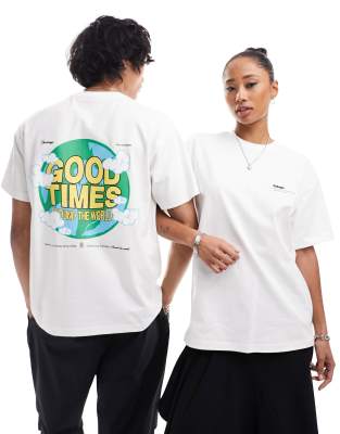 Dr Denim unisex Trooper relaxed fit t-shirt with ’good times world’ graphic back print in off white