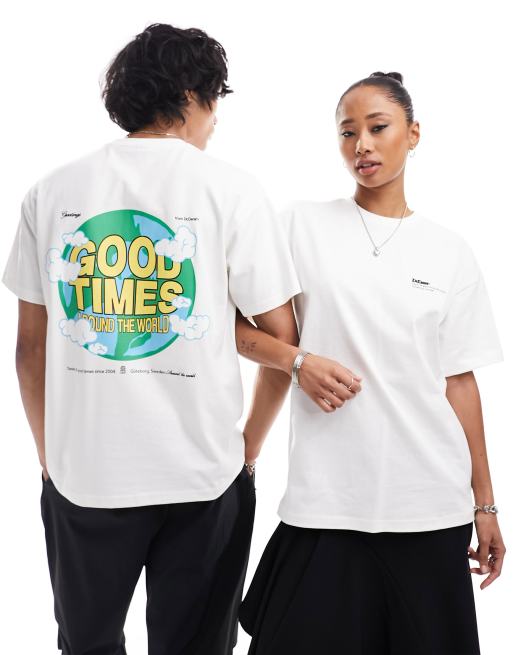 Dr Denim unisex Trooper relaxed fit T-shirt with 'good times world' graphic back print in off white