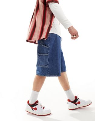 Dr Denim Vali Worker baggy fit wide leg below knee denim with workwear pockets shorts in pebble mid stone wash