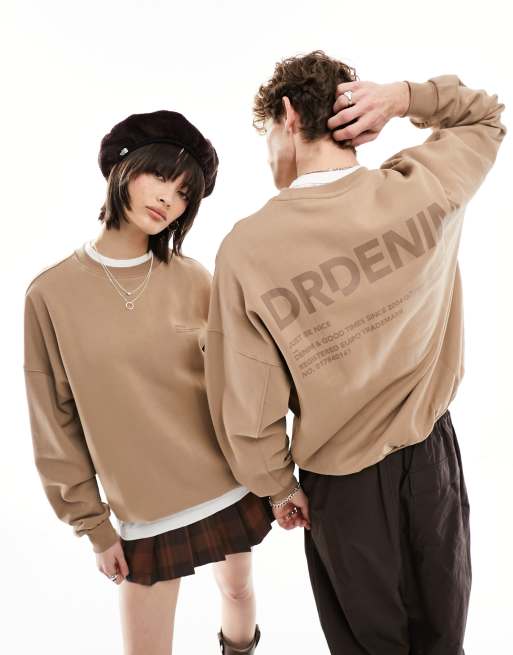 Dr Denin unisex Justus crew neck loose heavyweight sweatshirt with back  logo in brown