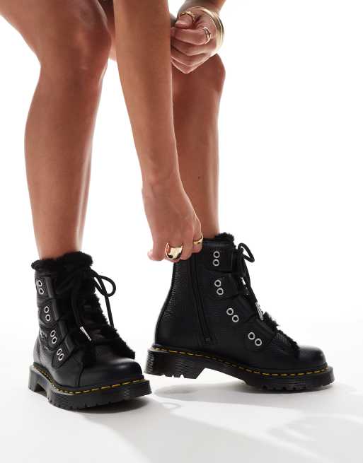 Dr Martens 1460 faux fur lined 4 tie boots in black milled nappa