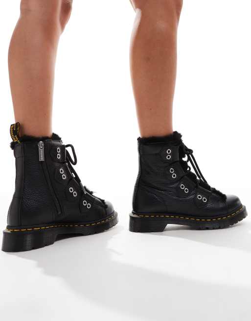 Dr Martens 1460 faux fur lined 4 tie boots in black milled nappa