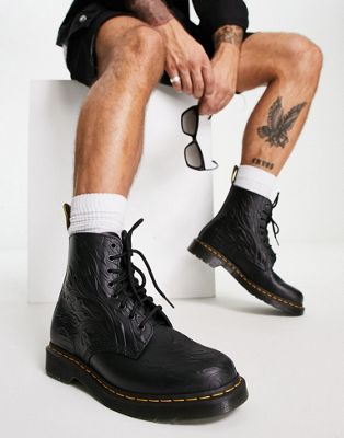 Dr Martens 1460 Flames 8 Eye boots in black flame polished smooth - ASOS Price Checker