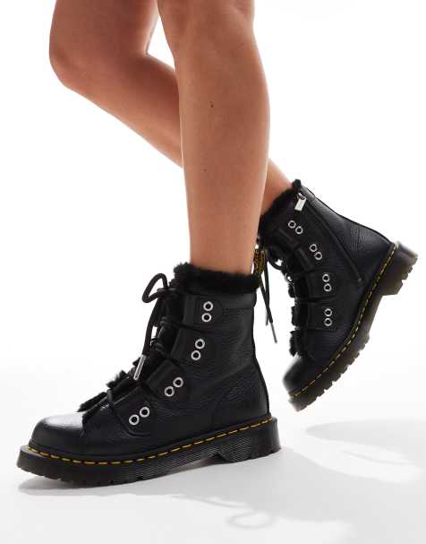 Dr Martens 1460 fur lined 4 tie boot in black milled nappa - view 1