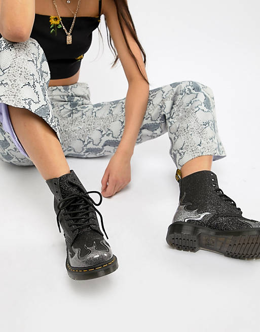 Dr Martens 1460 Pascal Black Glitter Flame Flat Ankle Boots | ASOS