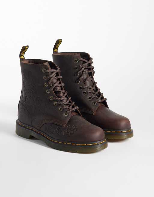 Dr Martens 1460 Pascal floral embossed 8-eye boots in dark brown, 2 of 4