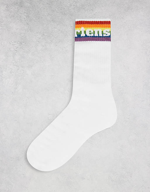 Dr Martens athletic logo sock in white and rainbow
