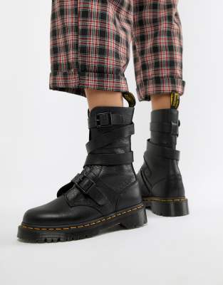 dr martens bevan black leather strappy flat ankle boots