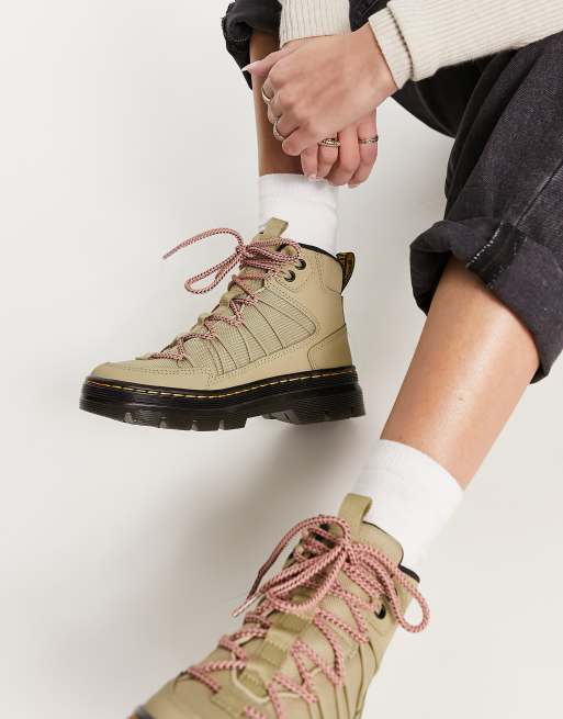 Dr Martens Buwick extra tough boots with pink laces in pale olive