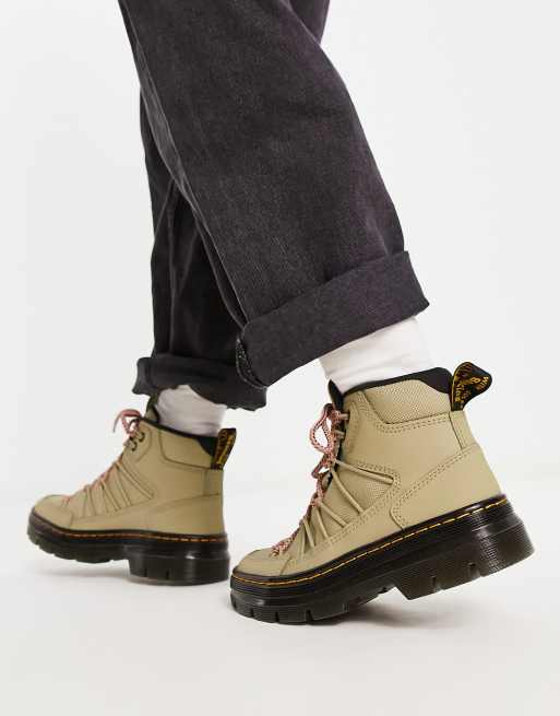 Dr Martens Buwick extra tough boots with pink laces in pale olive