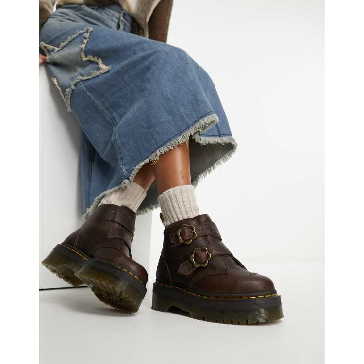 Dr Martens Devon Bottes boucles fleurs en cuir Marron grizzly fonc