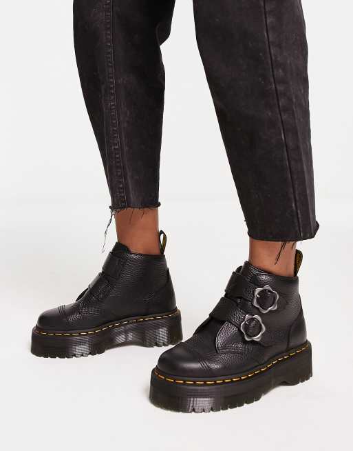 Dr. Martens – Devon Flower Quad – Czarne botki z klamrami w kształcie kwiatka