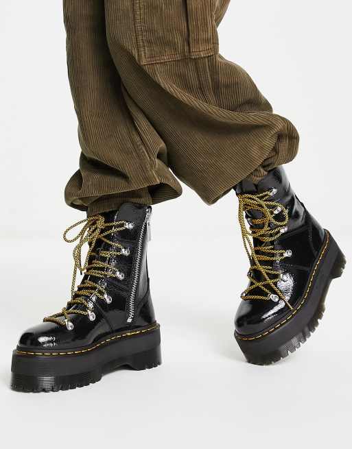 Dr Martens Ghilana Max quad boots in distressed black patent | ASOS