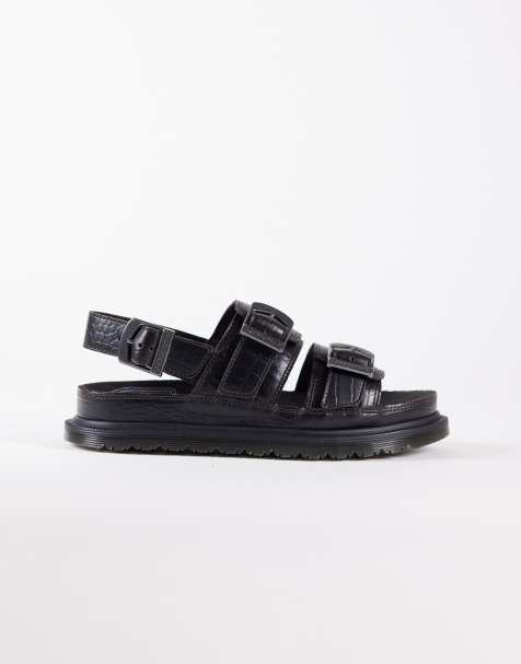 Dr. Martens – San – Sandalen in Dunkelbraun mit zwei Riemen und Kroko-Prägung - view 1