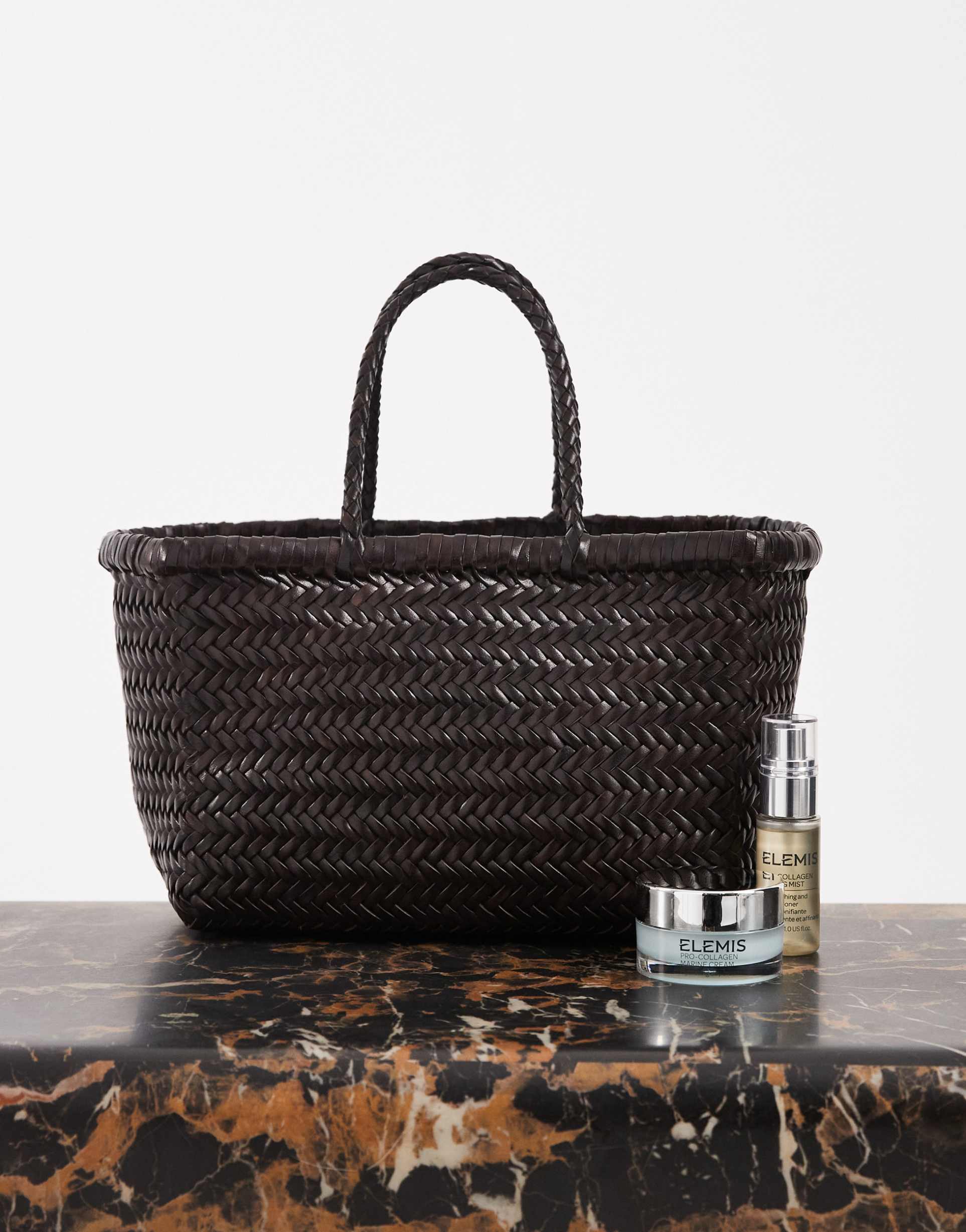 dragon diffusion bamboo triple jump small woven leather bag in dark brown