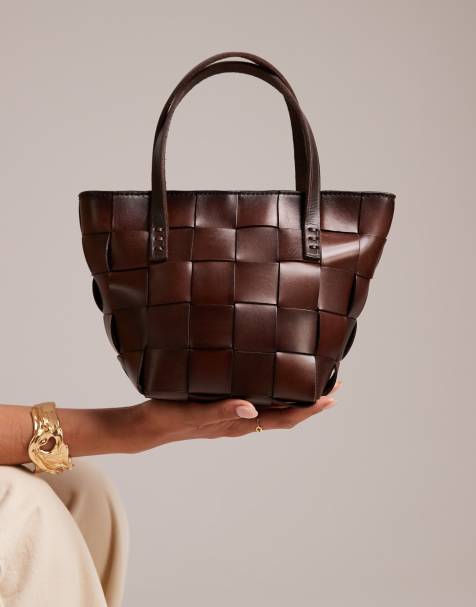 Dragon Diffusion Japan mini woven leather top handle bag in dark brown - view 1