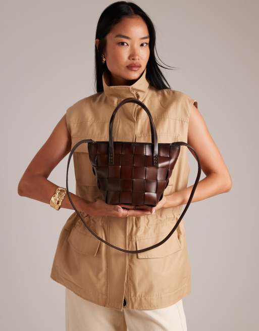 Dragon Diffusion Japan mini woven leather top handle bag in dark brown, 4 of 5