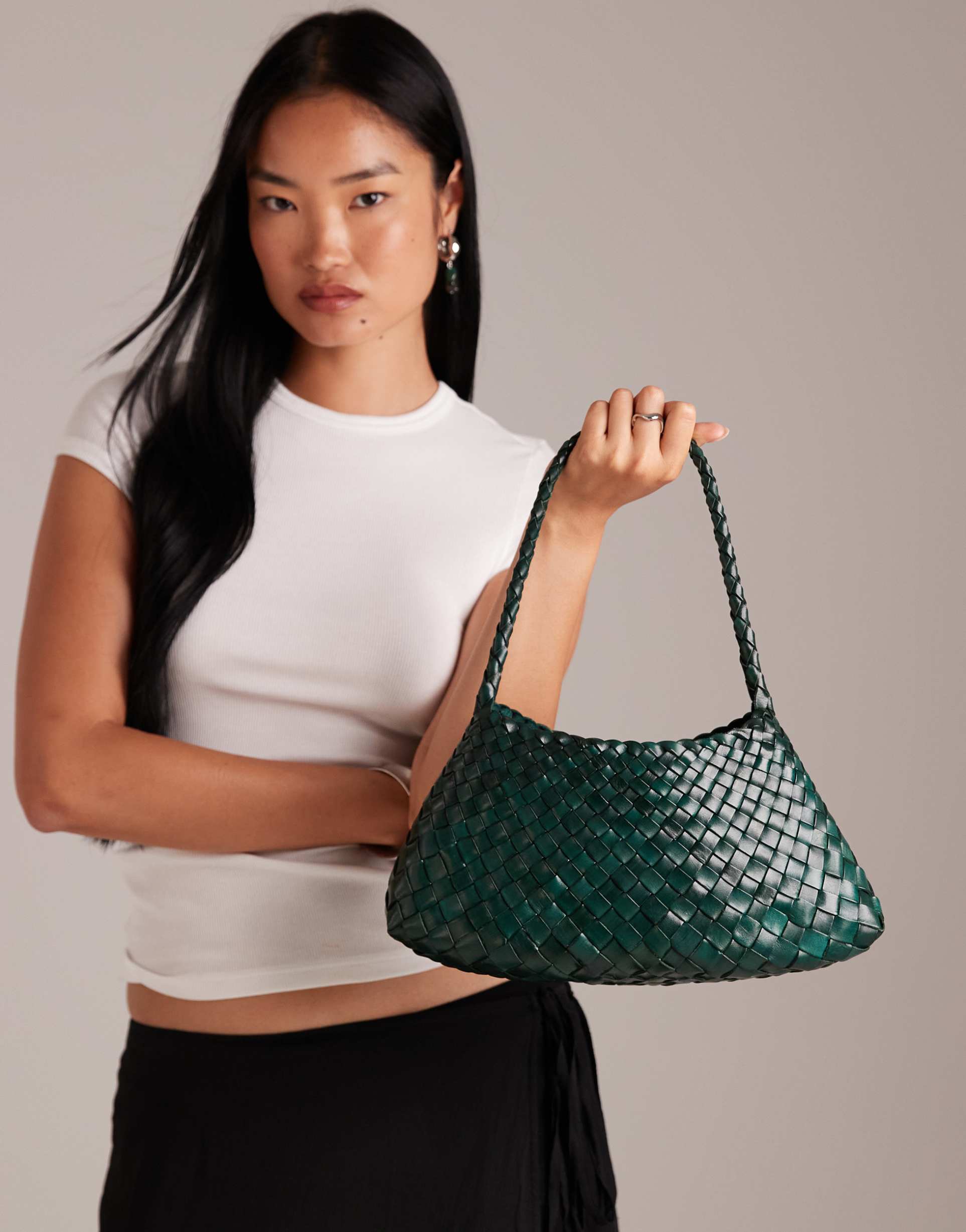 dragon diffusion rosanna woven leather shoulder bag in forest green