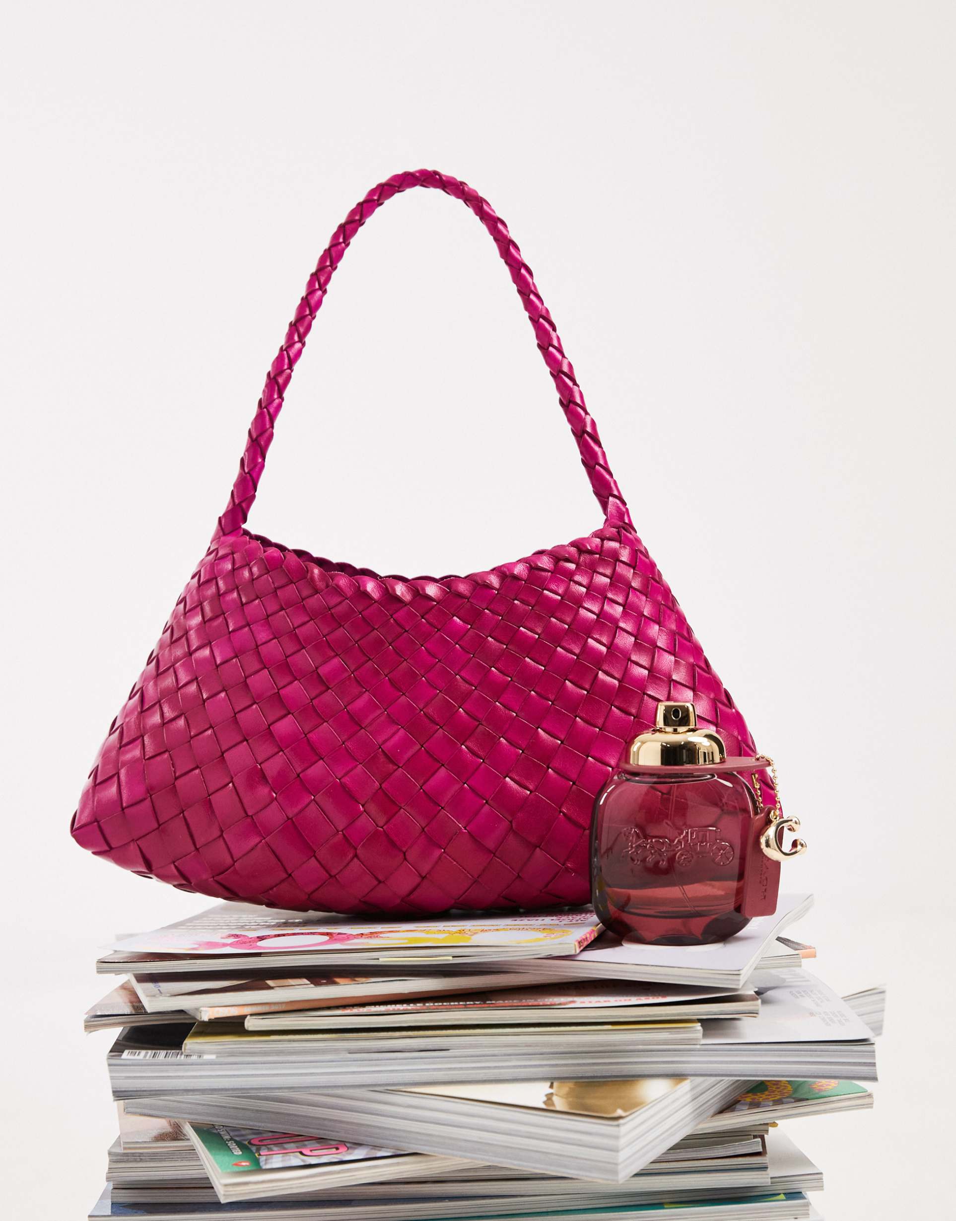 dragon diffusion rosanna woven leather shoulder bag in fuchsia pink