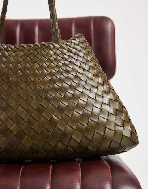 Dragon Diffusion – Santa Croce – Große Ledertasche in Khaki mit Webmuster, 3 von 5