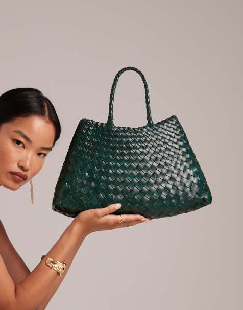 Dragon Diffusion Santa Croce small woven leather bag in dark green - view 1
