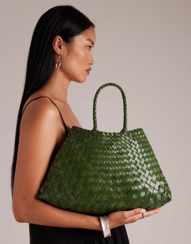 Dragon Diffusion santa croce small woven leather bag in leaf green