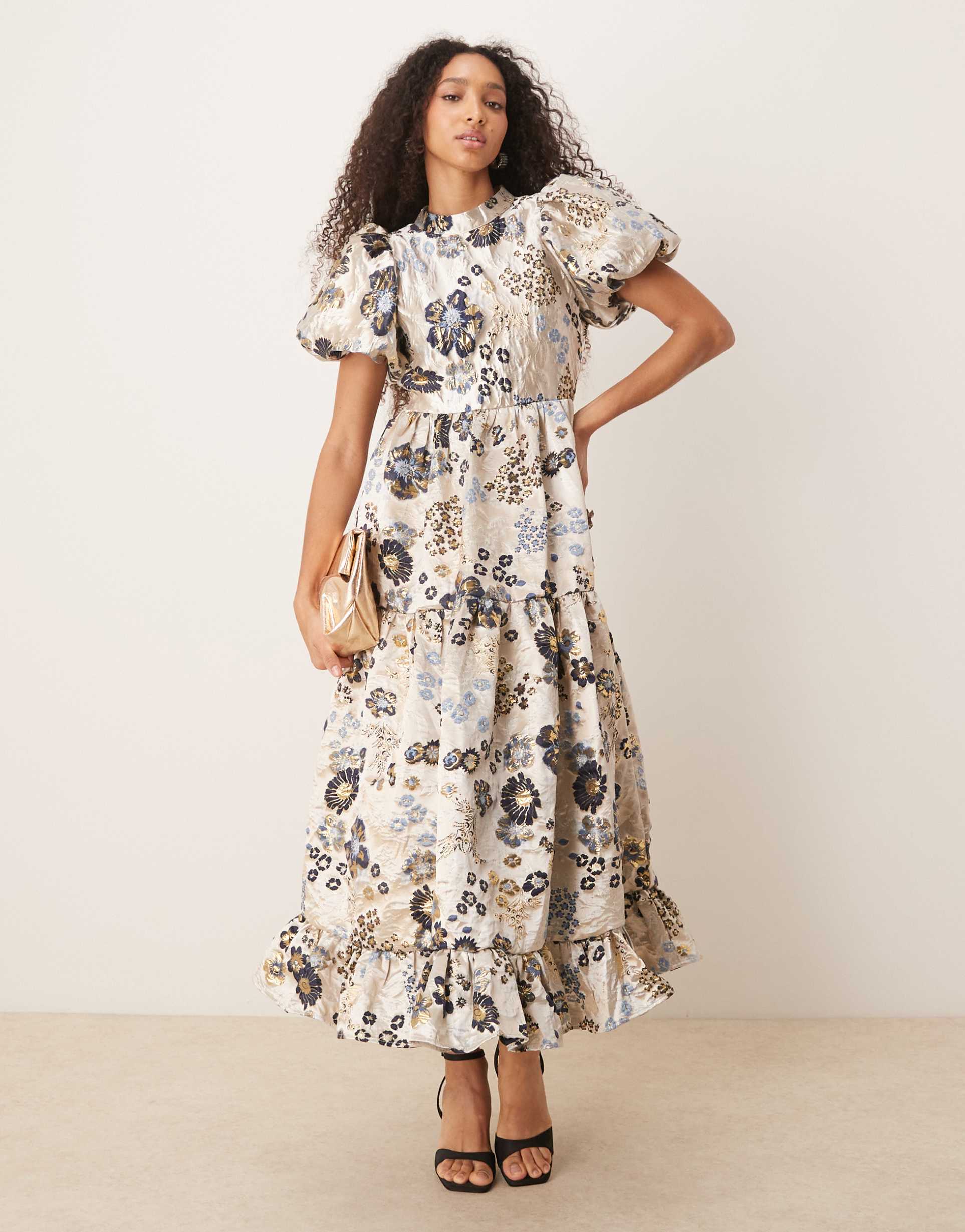 dream sister floral jacquard maxi dress in navy and gold