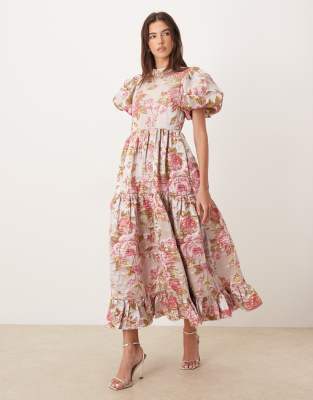 Sister Jane Dream  Almost Bloom Jacquard Puff Sleeve Tiered Ruffle Hem Midi Dress In Pink