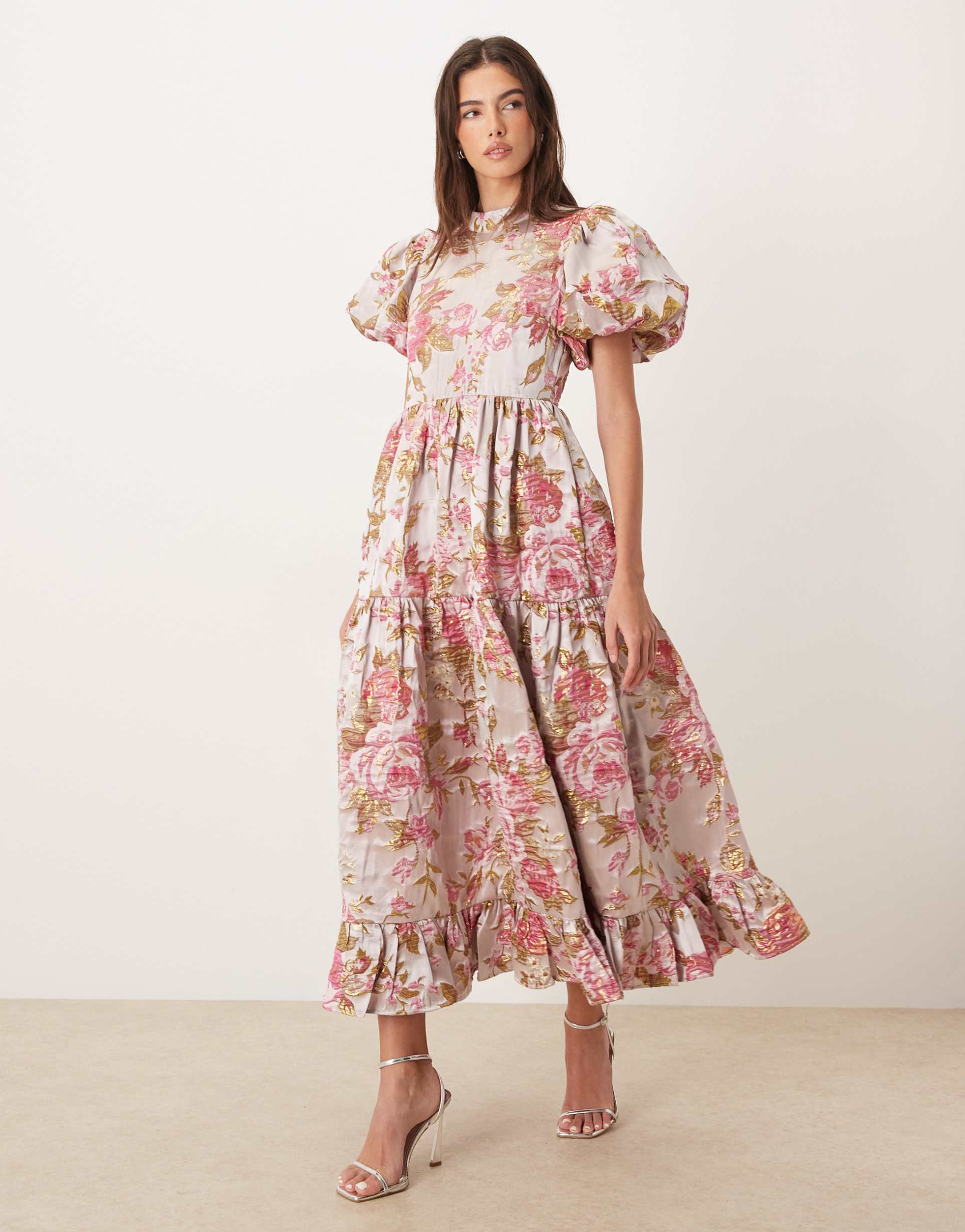 dream sister jane almost bloom jacquard puff sleeve tiered ruffle hem midi dress in pink floral