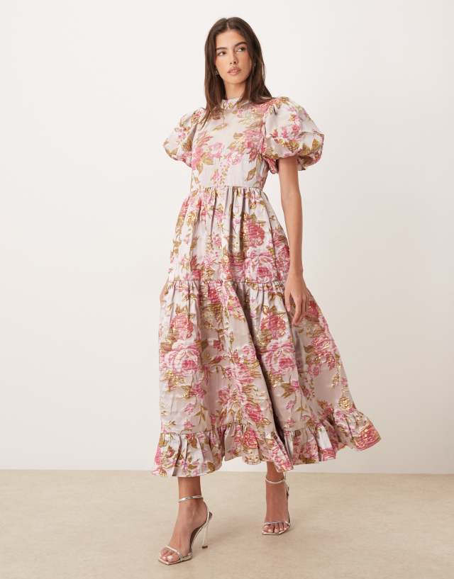 Dream Sister Jane Almost Bloom jacquard puff sleeve tiered ruffle
