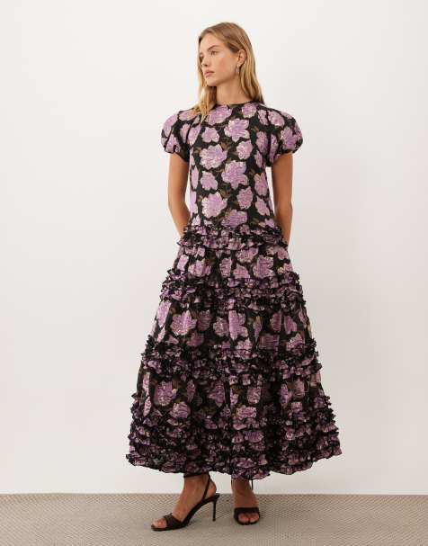 Dream Sister Jane Amythest jacquard cap sleeve drop wait tiered skirt maxi dress in pink floral - view 1