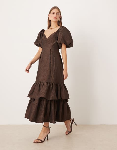 Dream Sister Jane antique textured jacquard midi dress in brown