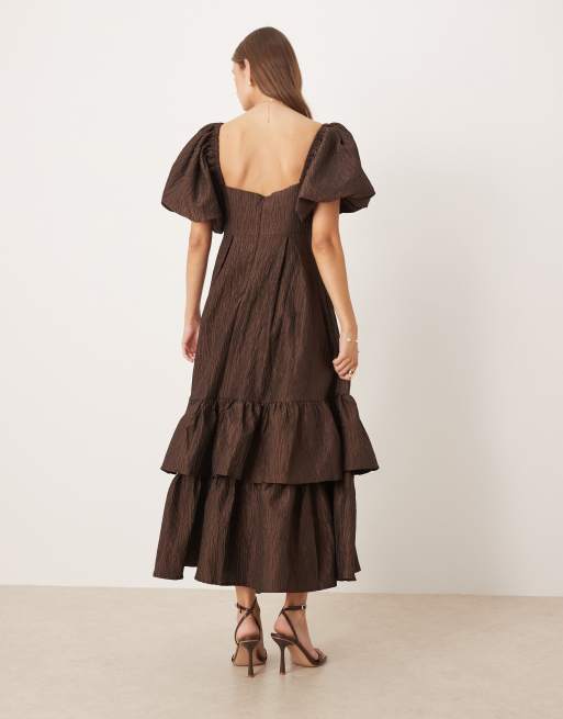 Dream Sister Jane antique textured jacquard midi dress in brown, 2 of 4