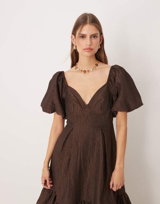 Dream Sister Jane antique textured jacquard midi dress in brown, 3 of 4