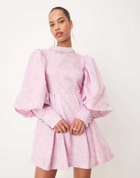 Dream Sister Jane balloon sleeve jewel jacquard mini dress in lilac pink