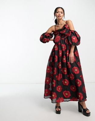 Dream Sister Jane bardot smock midi dress in oversized red floral - ASOS Price Checker