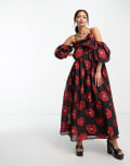 [sister jane] Dream Sister Jane bardot smock midi dress in oversized red floral XS Red