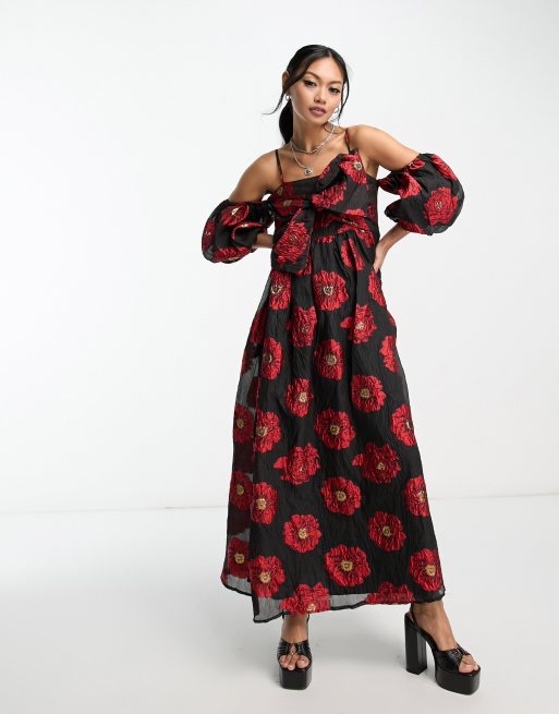 Dream Sister Jane bardot smock midi dress in oversized red floral