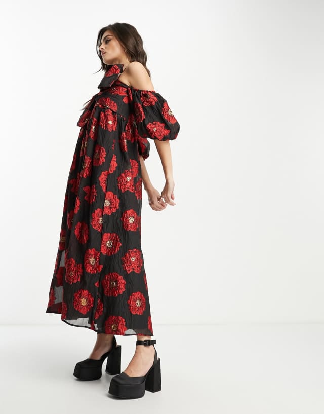 Dream Sister Jane bardot smock midi dress in oversized red floral